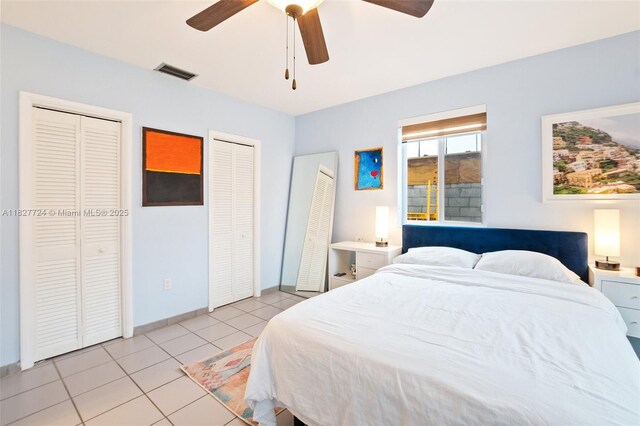 634 82nd St, Miami Beach, FL 33141 - tiled bedroom featuring two closets and ceiling fan