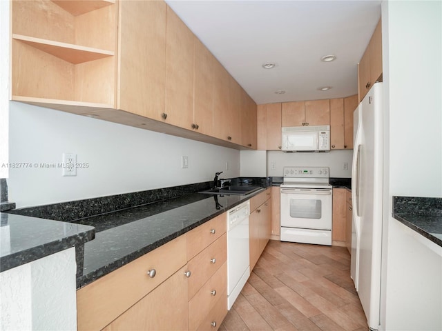 10350 W Bay Harbor Dr Unit 6L, Bay Harbor Islands, FL 33154 - kitchen featuring white appliances, light brown cabinets, open shelves, light wood-style floors, and dark stone counters