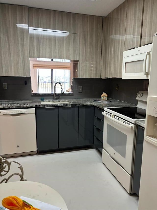 7310 Ashford Pl Unit 304, Delray Beach, FL 33446 - kitchen with white appliances, modern cabinets, and decorative backsplash