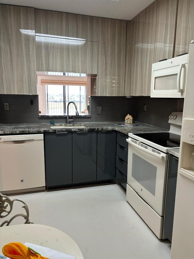 7310 Ashford Pl Unit 304, Delray Beach, FL 33446 - kitchen with white appliances, modern cabinets, backsplash, and dark countertops