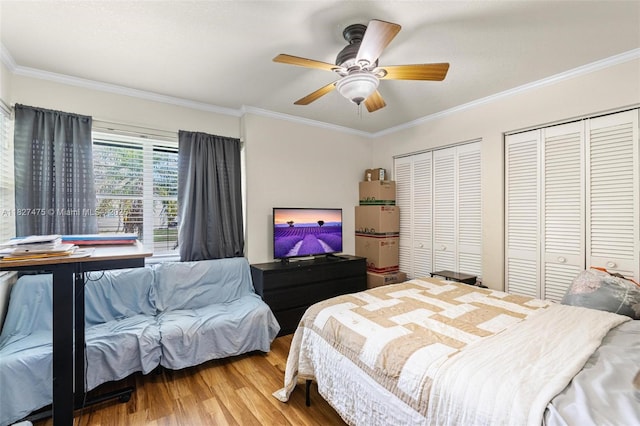 1360 S Audubon Dr, Homestead, FL 33035 - bedroom featuring two closets, wood finished floors, ornamental molding, and a ceiling fan