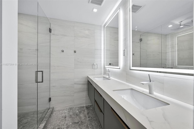 200 Sunrise Dr Unit 200C, Key Biscayne, FL 33149 - full bathroom featuring a stall shower, double vanity, and recessed lighting