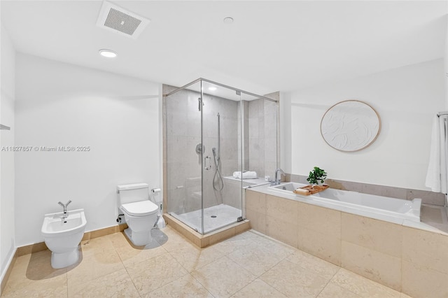 495 Brickell Ave Unit 3901, Miami, FL 33131 - bathroom featuring a bidet, a bath, a shower stall, tile patterned floors, and recessed lighting