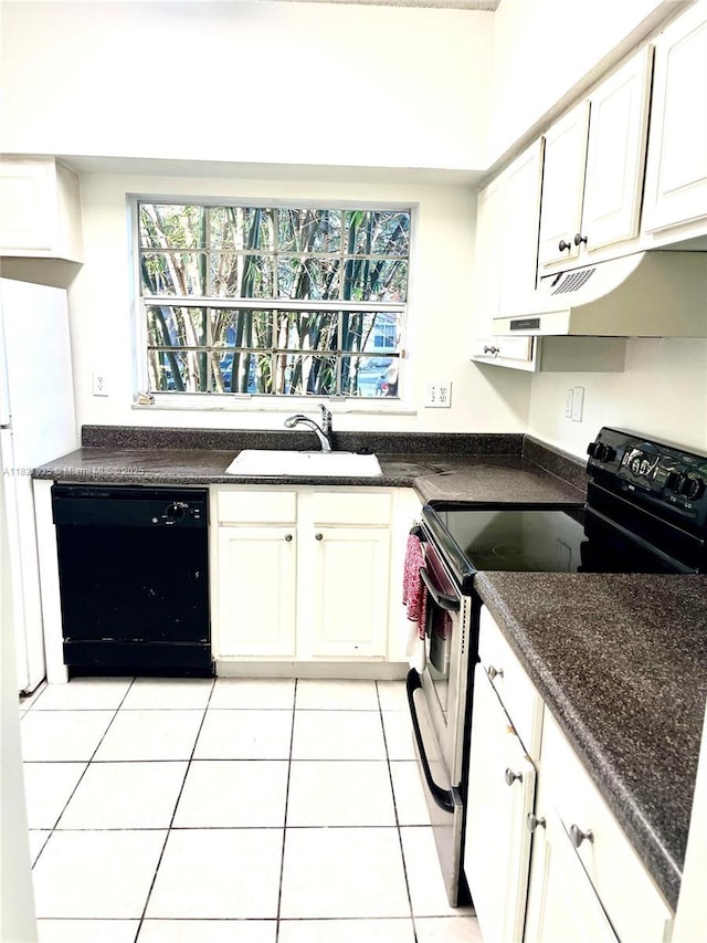 2331 NW 96th Ter Unit 17F, Pembroke Pines, FL 33024 - kitchen with black dishwasher, electric stove, dark countertops, white cabinetry, and light tile patterned floors