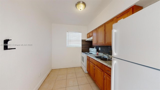 1190 NW 65th St, Miami, FL 33150 - kitchen featuring white appliances, decorative backsplash, light countertops, light tile patterned floors, and under cabinet range hood