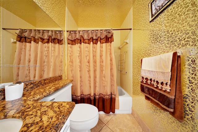 1115 NE 1st Ct Unit A, Hallandale Beach, FL 33009 - bathroom featuring vanity, shower / tub combo with curtain, tile patterned flooring, and a textured ceiling