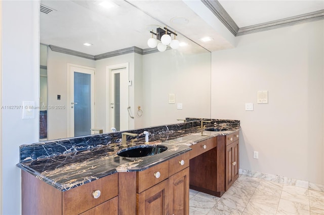 1375 N Biscayne Point Rd, Miami Beach, FL 33141 - full bath featuring crown molding, double vanity, marble finish floors, and recessed lighting