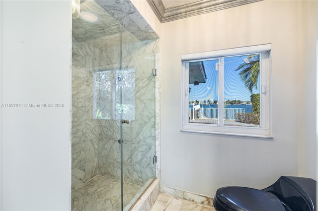 1375 N Biscayne Point Rd, Miami Beach, FL 33141 - full bathroom with a marble finish shower, ornamental molding, and marble look tile flooring