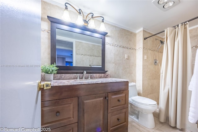 3021 Ventnor H Unit 3021, Deerfield Beach, FL 33442 - bathroom featuring tile walls, tile patterned floors, vanity, tiled shower, and crown molding