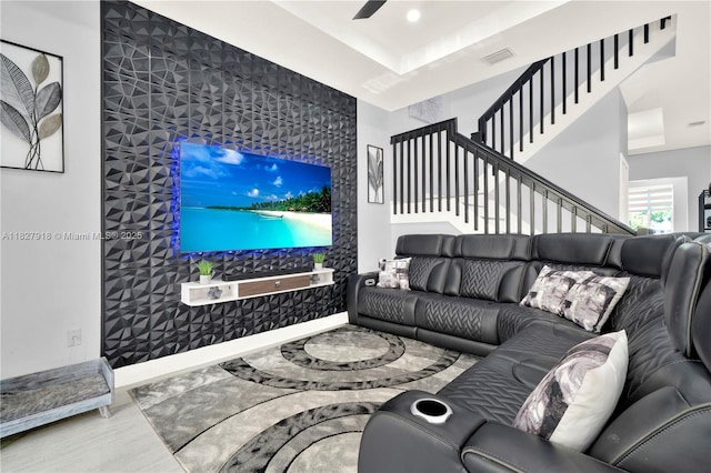 17709 SW 150th Ct, Miami, FL 33187 - living room featuring stairs and ceiling fan