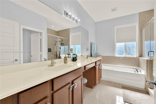 17709 SW 150th Ct, Miami, FL 33187 - full bath with a stall shower, double vanity, a bath, and tile patterned floors