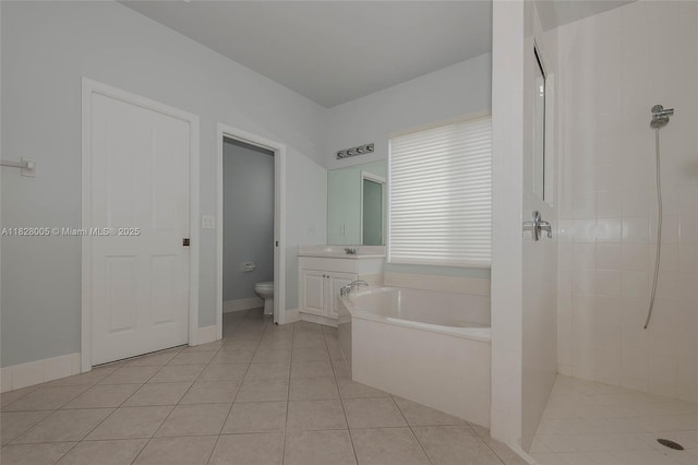 3843 Oak Ridge Cir, Weston, FL 33331 - full bath featuring a bath, tiled shower, and tile patterned floors