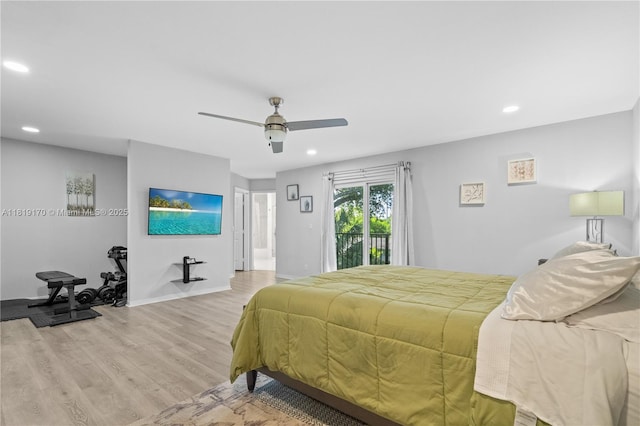 2927 SW 18 Th Ter, Fort Lauderdale, FL 33315 - bedroom featuring access to exterior, recessed lighting, light wood-type flooring, and ceiling fan