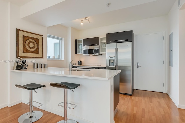 333 NE 24th St Unit 1401, Miami, FL 33137 - kitchen with stainless steel appliances, light wood finished floors, modern cabinets, a kitchen bar, and light countertops