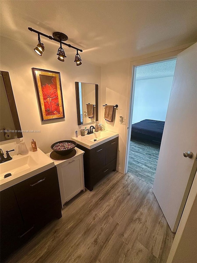13499 Biscayne Blvd Unit 1013, North Miami, FL 33181 - full bathroom with wood finished floors, two vanities, and rail lighting