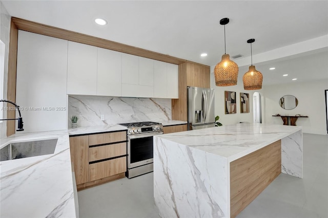 5850 Rose Ter, Plantation, FL 33317 - kitchen with stainless steel appliances, modern cabinets, tasteful backsplash, light stone counters, and recessed lighting