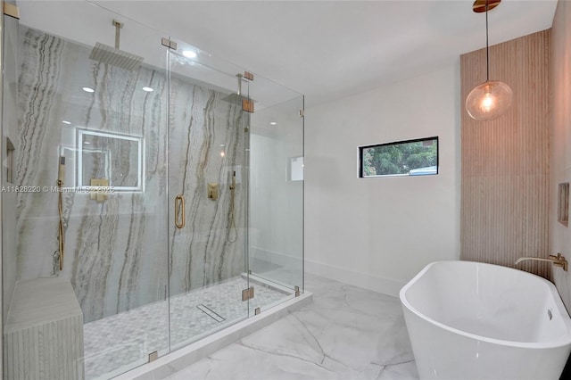 5850 Rose Ter, Plantation, FL 33317 - full bath featuring a freestanding tub, marble tiled flooring, and a marble finish shower