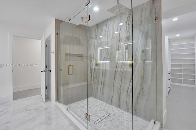 5850 Rose Ter, Plantation, FL 33317 - bathroom featuring a marble finish shower, a spacious closet, recessed lighting, and marble finish flooring
