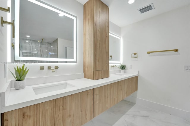 5850 Rose Ter, Plantation, FL 33317 - full bathroom featuring double vanity, marble look tiles, recessed lighting, and a marble finish shower