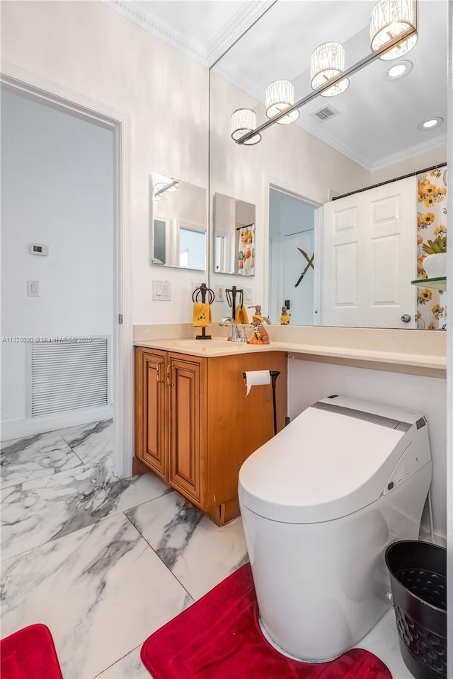 16488 SW 30th St, Miramar, FL 33027 - bathroom with ornamental molding, vanity, marble finish floors, and recessed lighting