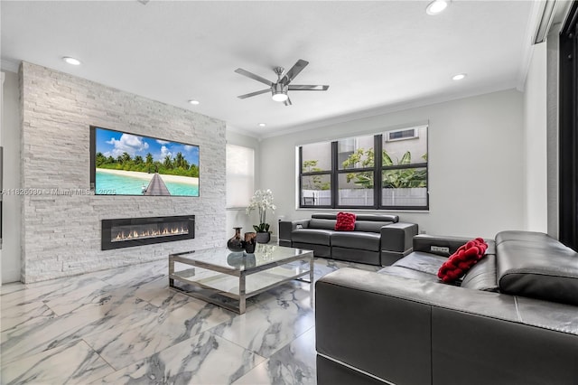 16488 SW 30th St, Miramar, FL 33027 - living area featuring a ceiling fan, crown molding, recessed lighting, a fireplace, and marble finish floors