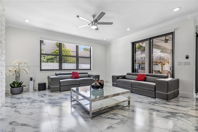 16488 SW 30th St, Miramar, FL 33027 - living room with ornamental molding, ceiling fan, marble finish flooring, and recessed lighting