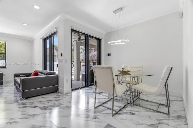 16488 SW 30th St, Miramar, FL 33027 - dining space featuring light marble finish flooring, recessed lighting, and crown molding