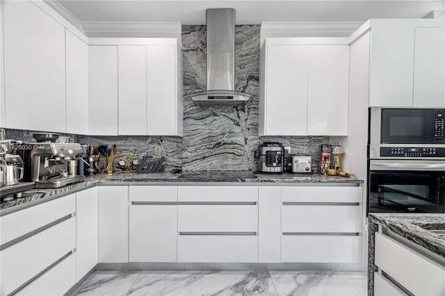 16488 SW 30th St, Miramar, FL 33027 - kitchen featuring wall chimney range hood, stainless steel oven, black microwave, light marble finish floors, and dark stone counters
