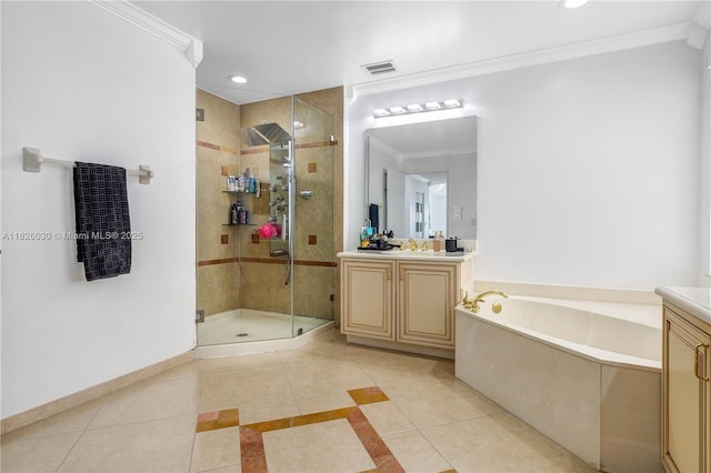 16488 SW 30th St, Miramar, FL 33027 - full bathroom with vanity, a shower stall, tile patterned flooring, ornamental molding, and recessed lighting