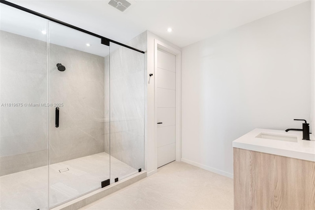 301 Buttonwood Cir # B, Key Largo, FL 33037 - bathroom with a stall shower, recessed lighting, and vanity