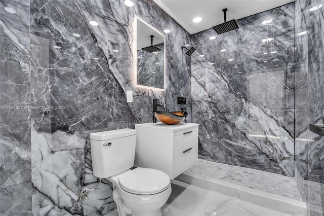 770 SE 5th Pl, Hialeah, FL 33010 - full bathroom with tile walls, marble tiled flooring, a marble finish shower, and vanity