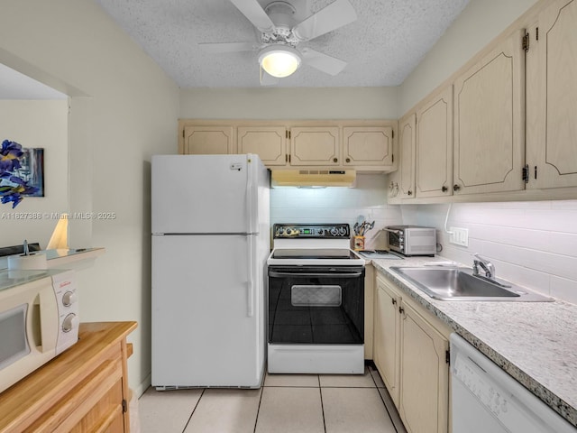 199 Durham D Unit 199, Deerfield Beach, FL 33442 - kitchen featuring white appliances, under cabinet range hood, light tile patterned floors, light countertops, and a ceiling fan