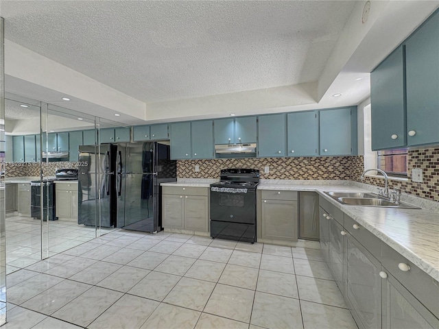 8103 SW 24th St, North Lauderdale, FL 33068 - kitchen featuring black appliances, under cabinet range hood, a textured ceiling, backsplash, and light tile patterned floors