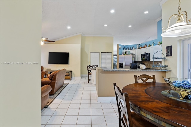 798 Verona Lake Dr, Weston, FL 33326 - dining space featuring recessed lighting, light tile patterned flooring, ornamental molding, a ceiling fan, and lofted ceiling