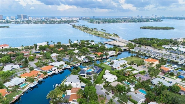 2180 Alamanda Dr, North Miami, FL 33181 - aerial overview of property's location featuring a nearby body of water and skyline