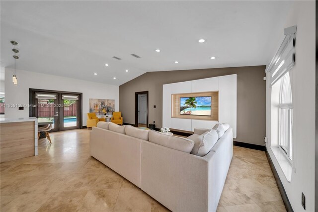 14795 SW 174th St, Miami, FL 33187 - living area featuring lofted ceiling, french doors, recessed lighting, and light tile patterned floors