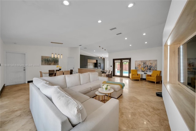 14795 SW 174th St, Miami, FL 33187 - living area featuring lofted ceiling, recessed lighting, and french doors