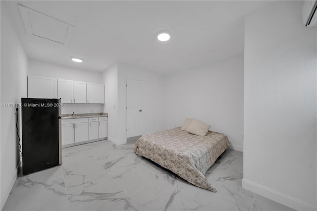 14795 SW 174th St, Miami, FL 33187 - bedroom featuring freestanding refrigerator, light marble finish flooring, a wall mounted air conditioner, recessed lighting, and attic access