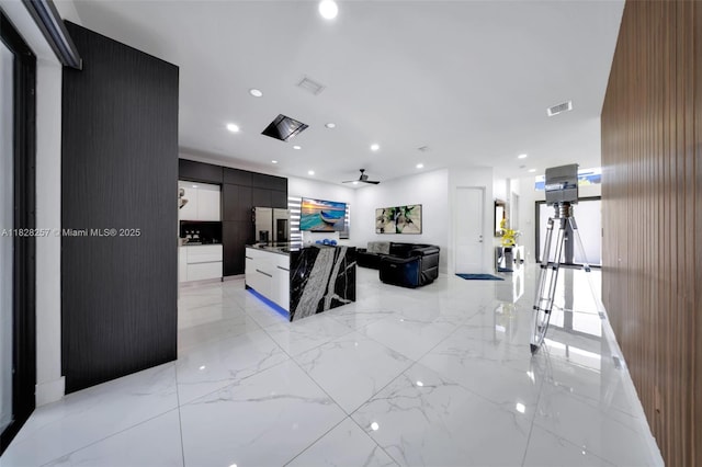 1550 SW 89th Ct, Miami, FL 33174 - living area with a ceiling fan, light marble finish floors, and recessed lighting