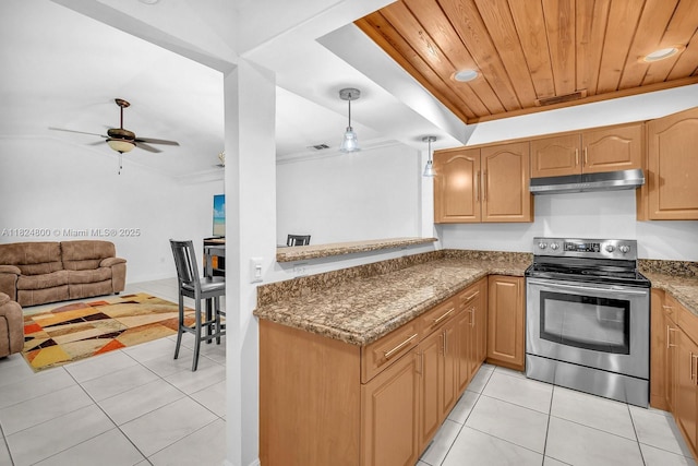 1621 NW 96th Ter, Pembroke Pines, FL 33024 - kitchen featuring stainless steel range with electric cooktop, under cabinet range hood, light tile patterned floors, ceiling fan, and wood ceiling