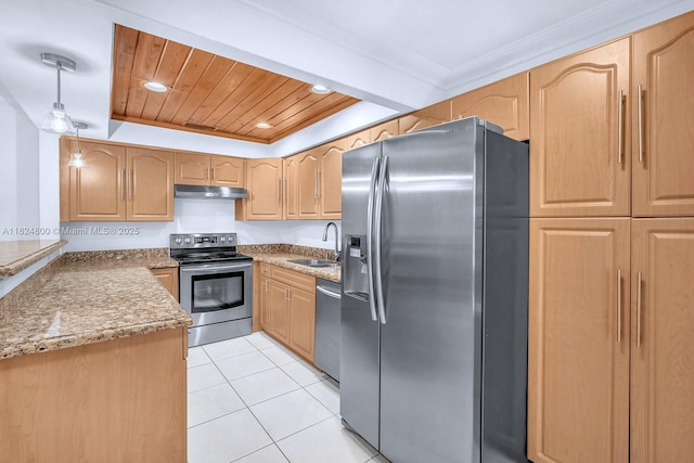 1621 NW 96th Ter, Pembroke Pines, FL 33024 - kitchen with stainless steel appliances, under cabinet range hood, light tile patterned floors, wooden ceiling, and pendant lighting