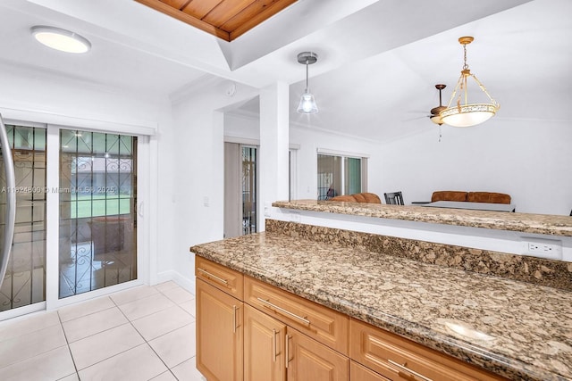 1621 NW 96th Ter, Pembroke Pines, FL 33024 - kitchen with light tile patterned floors, hanging light fixtures, light stone countertops, ornamental molding, and ceiling fan