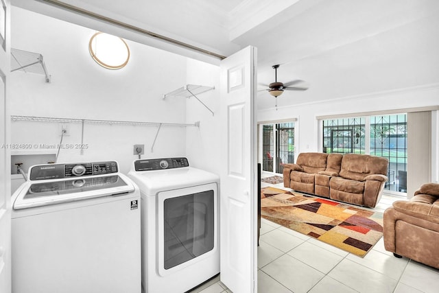 1621 NW 96th Ter, Pembroke Pines, FL 33024 - laundry area featuring washer and clothes dryer, a ceiling fan, light tile patterned floors, and crown molding