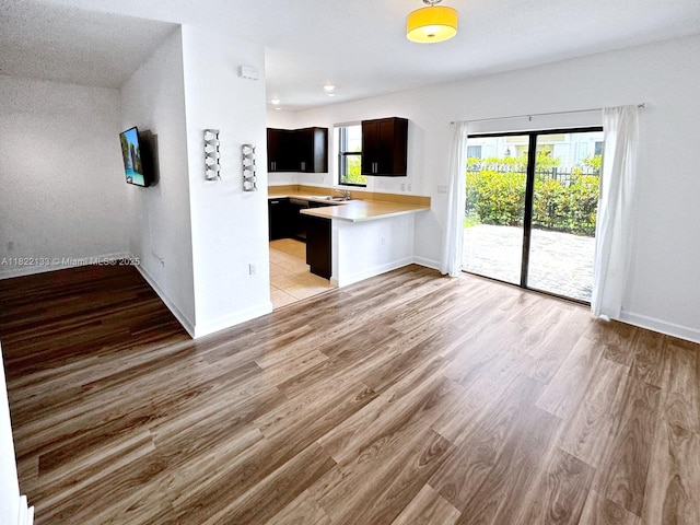 6011 W Paso Fino Pl, Davie, FL 33314 - kitchen with light countertops, a peninsula, and light wood-style floors