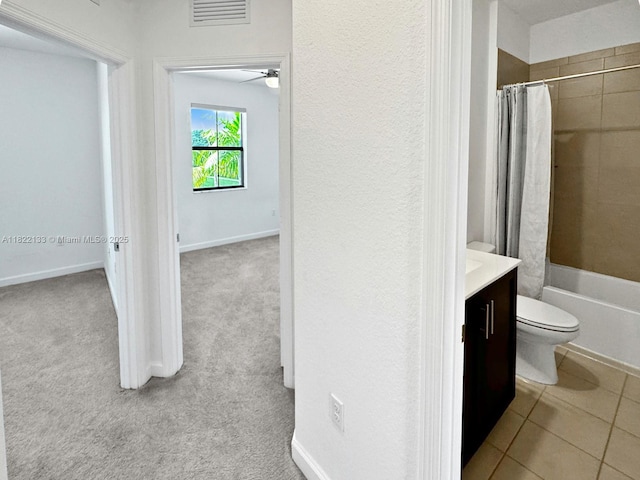 6011 W Paso Fino Pl, Davie, FL 33314 - bathroom with vanity, shower / tub combo with curtain, and ceiling fan