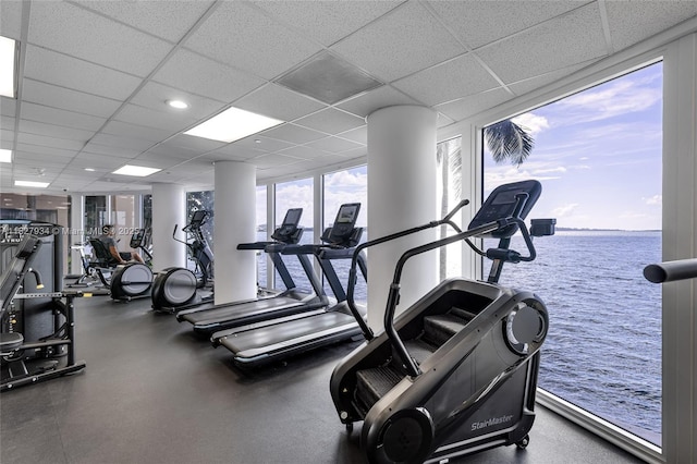 770 Claughton Island Dr Unit 1210, Miami, FL 33131 - gym with a paneled ceiling and a water view