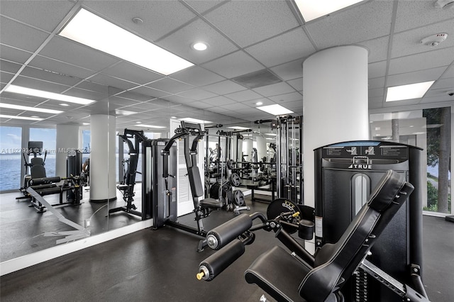 770 Claughton Island Dr Unit 1210, Miami, FL 33131 - gym featuring a drop ceiling and a water view