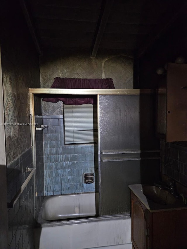 1501 NW 3rd Way, Pompano Beach, FL 33060 - bathroom with enclosed tub / shower combo, vanity, and tile walls