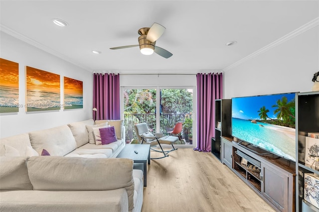 805 W Oakland Park Blvd Unit E14, Oakland Park, FL 33311 - living room with light wood-style floors, ornamental molding, recessed lighting, and a ceiling fan
