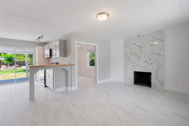 246 NE 13th St, Delray Beach, FL 33444 - unfurnished living room with healthy amount of natural light, a high end fireplace, beverage cooler, and light marble finish flooring